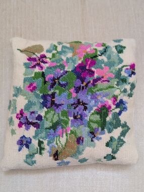 Vintage Floral Needlepoint Pillow - Purple, Pink & Green Violets